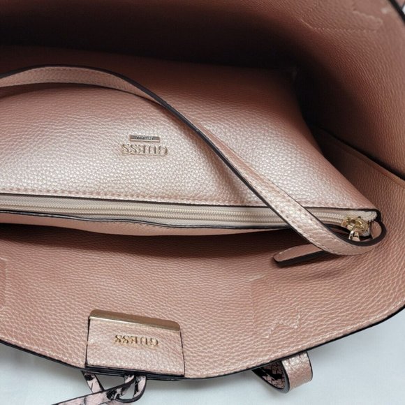 GUESS Bobbi Pink Snake Print Inside Out Reversible 3 in 1 Tote Handbag Set - Picture 13 of 14